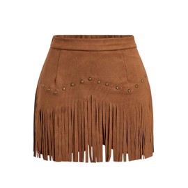 Breoklla Western Skirts for Women Fringe Mini Suede Cowgirl Skirt for Country Concert Rodeo Outfit Rave Festival(2503B,Brown,S)