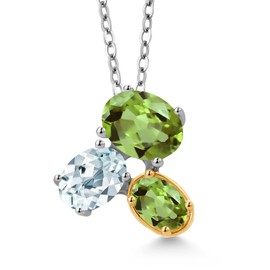 Gem Stone King 925 Silver and 10K Yellow Gold Green Peridot and Sky Blue Aquamarine Pendant Necklace For Women (2.67 Cttw, Oval 8X6MM, 7X5MM and 6X4MM, Gemstone August Birthstone, with 18 Inch Chain)