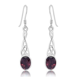 925 Sterling Silver Dangle Hooks Earrings - Trinity Knot - Silver Drop Earrings - Celtic Jewellery Earrings - Garnet Earrings