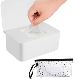 Baby Wipe Dispenser,Wipe Holder with Portable Travel Wipes Container,Refillable Reusable Travel Wet Diaper Wipe Pouch with Lid for Bathroom Baby Nursery,Flushable Storage Case Box (White)