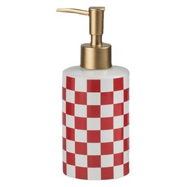 Checkered Ceramic Soap Dispenser Rust Proof Gold Matte Pump Decorative Soap Dispenser Bathroom or Kitchen (Red & White)