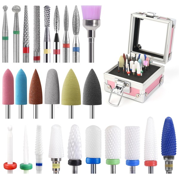 KADS 25Pcs Nail Drill Bits Set with Portable Pink Case 3/32 Inch Drill Bits for Acrylic Nails, Diamond Carbide Cuticle Efile Remover Quartz Pointed Bits Ceramic Rubber Bits for Home Salon
