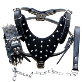 Serijoars Leather Spiked Dog Harness and Collar Set - Suitable for Large Breeds Pit Bull Terriers, Labradors, Dobermans - Durable Leather Harness and Collar Leash 3Pcs Set (Spikes Black, XL)