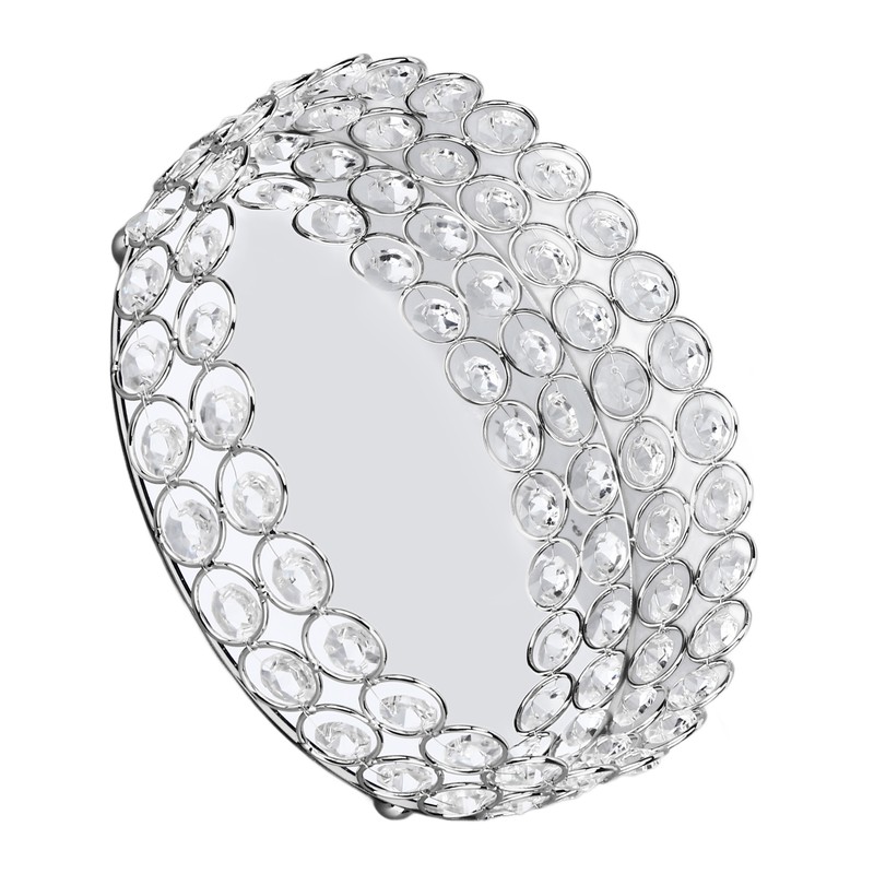 Crystal Cosmetic Makeup Tray 8in Round Display Tray Mirrored Metal