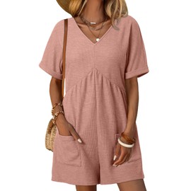 AlvaQ Womens Rompers for Summer Cute Casual Solid Loose Fit V Neck Short Sleeve Jumpsuits Overalls Shorts with Pockets Travel Clothes Pink Medium