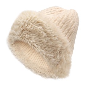 ZLYC Winter Faux Fur Slouchy Beanie Hat for Women Warm Knit Stretch Cuffed Skull Cap (Solid Beige)