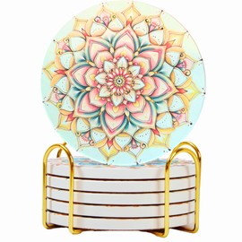 Mandala Ceramic Absorbent Coasters Set of 6 with Holder, Marble Drink Coasters for Coffee Table, Water Absorbing Coaster (Boho)