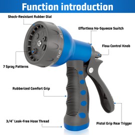 NEXCOVER Garden Hose Nozzle Sprayer - 7 Adjustable Watering Patterns Nozzle for Water Hose, Non-Slip Garden Spray Nozzle for Car Washing, Watering Plants, Pets Showering, Lawns Cleaning, Blue