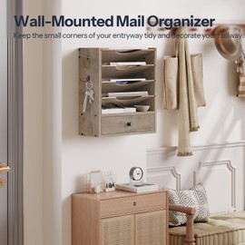 HOOBRO Wall File Organizer, Mail Organizer Wall Mounted, Wooden Literature Organizer, Construction Paper Organizer with Drawer Storage and 2 Hooks, for Office, Classroom, Home, Greige BG14WF01