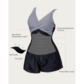 Smismivo Romper Swimsuits for Women Tummy One Piece Bathing Suit Slimming V Neck Modest Full Coverage Padded with Shorts Retro Vintage Pocket Swim Dress Ruched Long Torso Black White Stripe M