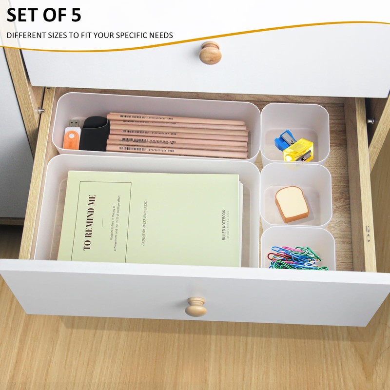 Lunhoo Set of 5 Drawer Organizer, Plastic Storage Bins for