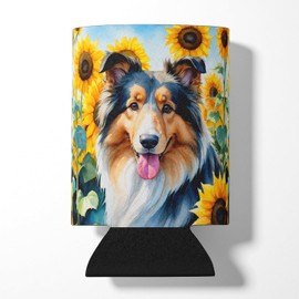 Caroline's Treasures Collie in Sunflowers Can or Bottle Hugger Cooler Washable Drink Sleeve Collapsible Beverage Insulated Holder, Can Hugger, Multicolor