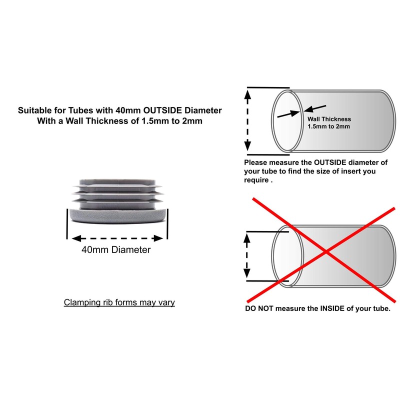 40mm Plastic End Caps, Grey Tube Inserts Bungs, Pack of