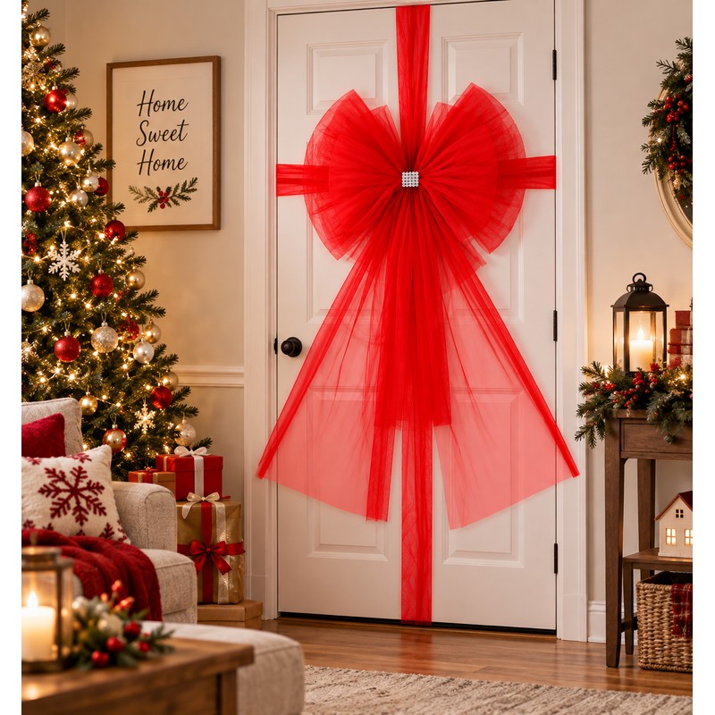 Large Christmas Door Bow with Long Ribbon – Oversized Red