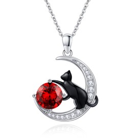 TwoAnts Black Cat Necklace 925 Sterling Silver Crescent Moon Pendant Garnet Necklace Cat Jewelry Gift for Women Cat Lovers