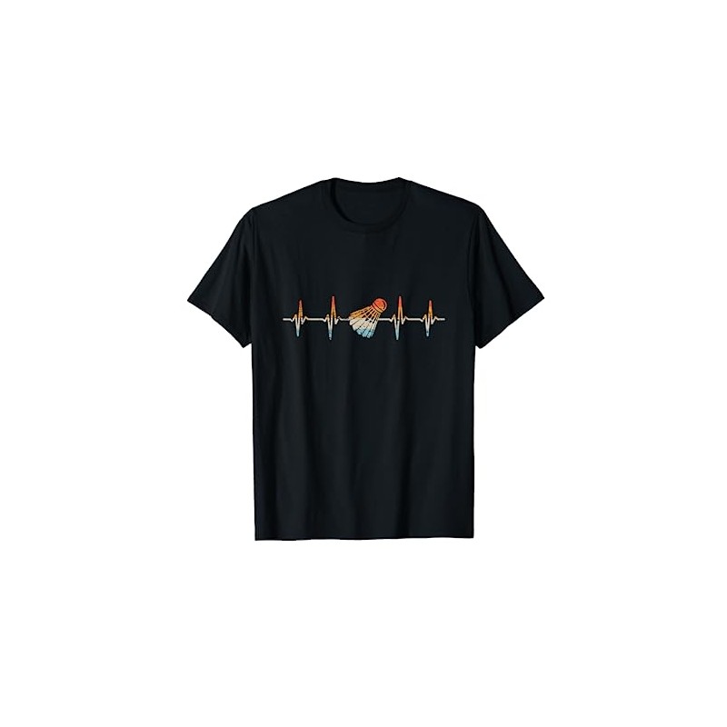 Retro Badminton Heartbeat Sports Shuttlecock T-Shirt, black