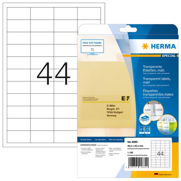HERMA 4680 Labels transparent matt A4 48,3x25,4 mm film 1100