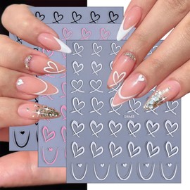 French Heart Nail Stickers for Nail Art 3D Self-Adhesive Holographic French Heart Design Nail Decals Black White Hollow Heart Nail Stickers Nail Charm for Women Girls DIY Manicure Decoration 6Sheets