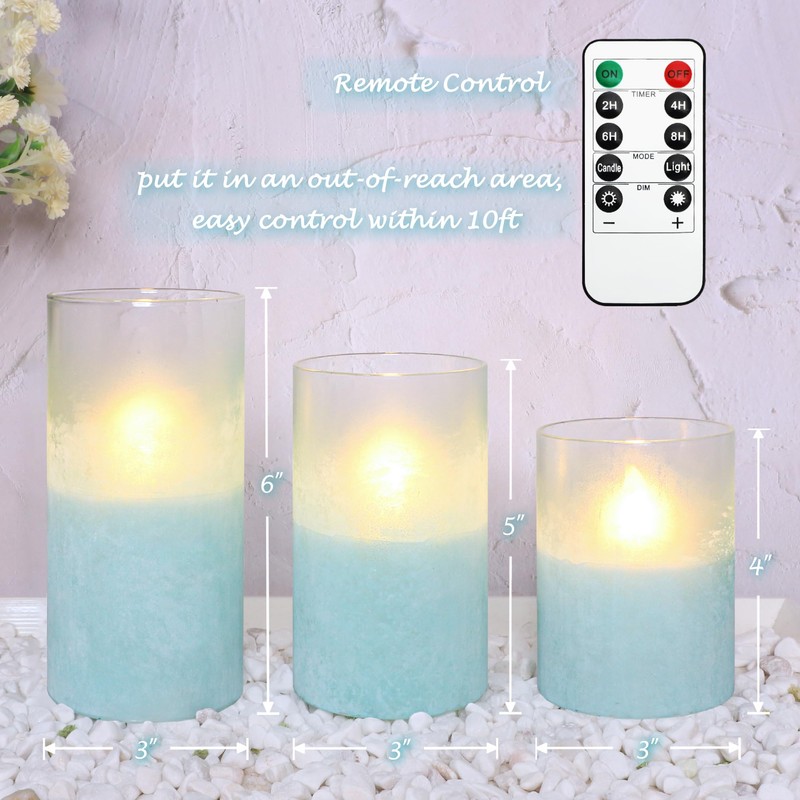 Holitown Glass Flameless Candles Set of 3 Blue Sandblasted Battery