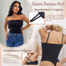 ONEW Women's Strapless Bandeau Shapewear Body Camisole Bodysuit Top with Removable Spaghetti Straps Tummy Control Thong Bodice Body Waist Trainer Thong Body Shaper, #4 Black/Thong Bodysuit, S