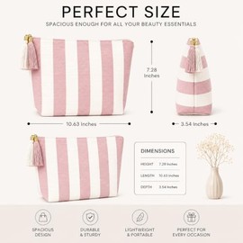 Cosmetic Bag Organizer Travel, Compact Lightweight Accessory for Travel and Daily Use - COSMERIA Pink White Stripe Canvas