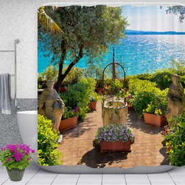 Sunny Seaside Garden Shower Curtain, 3D Beautiful Scenery Garden Decoration, Bathroom Essential Polyester Waterproof Quick-Drying Shower Curtain, Bathroom Decoration with 12 Hooks, 180X180cm/ 71X71 in