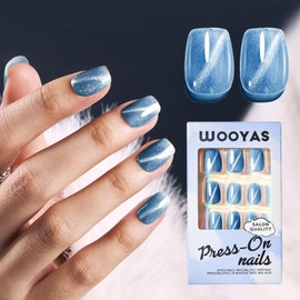 Wooyas Cat Eye Press on Nails Short, Ice Blue Cat Eye Fake Nails Square, Handmade False Nails Made by Soft Gel, Reusable Lightweight Natural Magnetic Glue on Nails for Women