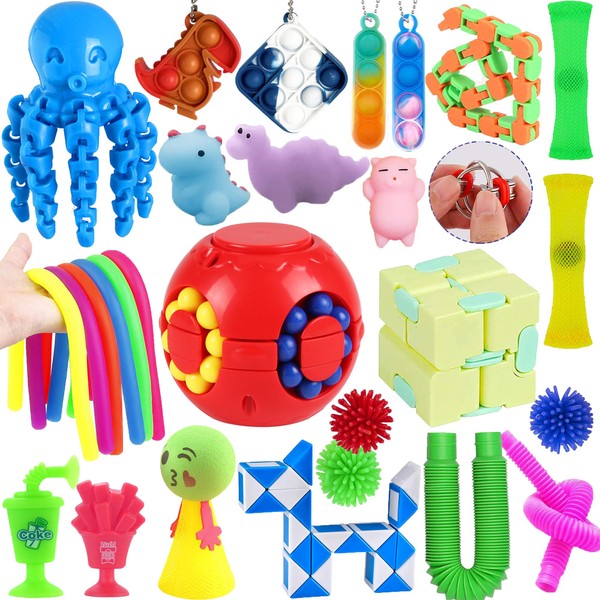 Yetech Fidget Toy Set Fidget Toys Pack With Infinity Cube Keychain Stretch Tubes 22Pcs Autism ADHD Stress Relief Anti-Anxiety Colorful Sensory Squeeze Toy Classroom Office Gift for Kids Adults