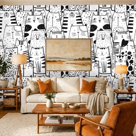 Chunlei Peel and Stick Wallpaper, Cute Cartoon Cat Black White Pattern, 236in x 17.7in, Waterproof Vinyl, Removable Reusable, Eco-Friendly, for Bedroom Living Room Rental Apartment