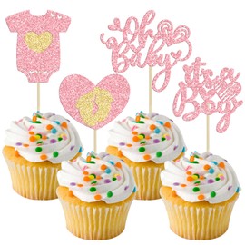 Ephlyn - Juego de 24 piezas de adornos para cupcakes con purpurina para bebé, diseño de corazón con texto "It's a Boy", para baby shower, cumpleaños, fiesta, decoración de pasteles, color rosa