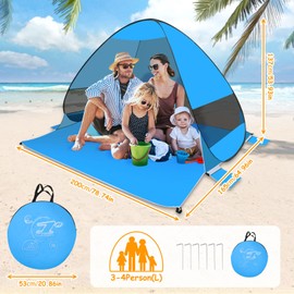 Pop Up Beach Shelter, 200 x 165 x 137 cm, 3-4 People, Automatic Instant Pop Up Beach Tent with Carry Bag, UV Protection 50+, Wind Protection, Waterproof Sun Tent for Family, Garden, Camping (Blue)