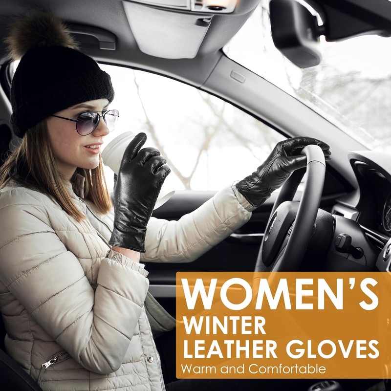 Genuine Sheepskin Leather Gloves for Women, Winter Warm Touchscreen Texting