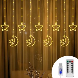BomKra 130 LED Star Moon Curtain Decorative Lights, Window Curtain Fairy String Lights,with Remote Control and USB Plug, 8 Lighting Modes,for Indoor,Home Holiday,Party,Room Decorations
