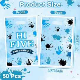 ArianQicult Hi Five Party Favor Bags - 50Pcs Blue High 5 Year Old Goody Candy Treat Gifts Bags 5th Birthday Painting Decorations for Boys Girls Kids Five Years Old Birthday Baby Shower Supplies