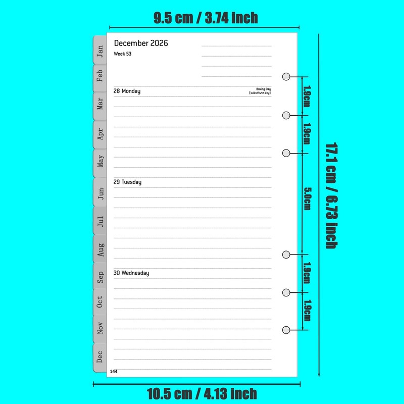 2026 Weekly Planner Insert Personal A6, 6 Holes, 1 Week