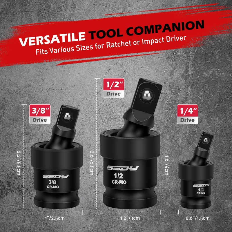 Impact Universal Joint-Socket Swivel Set: 3-Piece 1/2", 3/8", 1/4" Flexible