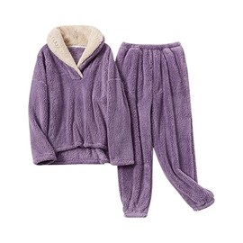 Tanming Womens Fluffy Pajamas Set Fleece Pullover Pants Plush Loungewear Sleepwear (Purple-L)