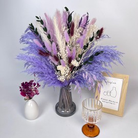 Natural Dried Flower Bouquet - 17" Boho Style Mixed Pampas Grass Ideal for Home Decor, Wedding Decor, Bridal Bouquets, Floral Arrangement, Event Centerpieces, Office Decorations (Purple)