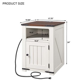 IFGET Farmhouse Nightstand with Charging Station, 20" Rustic End Table w/Barn Door, Wood Sofa Side Bedside Table w/Open Shlef & Stroage Cabinet for Bedroom (White)