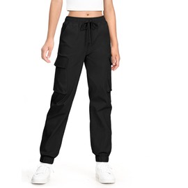 KEREDA Girls Cargo Pants Jogger Elastic Waist Drawstring with Pockets Uniform Pants Clothes for Teen Girls Black 11-12 Years