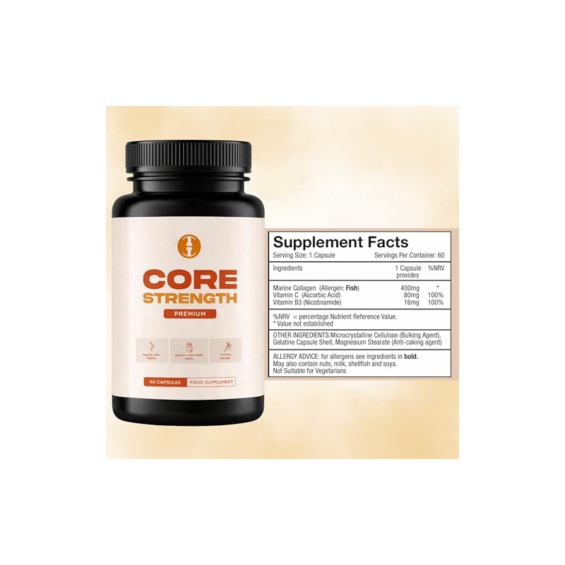 Core Strength Food Supplement 60 Capsules – Marine Collagen, Vitamin