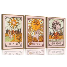ZZTCYSU Celestial Framed Wall Art Tarot Sun Moon Star Canvas Wall Art Vintage Prints Gothic Mystical Astrology Artwork For Living Room Bedroom Bathroom 12"x16"