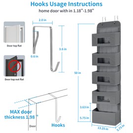 MAX Houser 5-Shelf Over The Door Hanging Organizer with 2 Metal Hooks，5 Pocket Over The Door Wall Mount Storage with Clear Windows for Baby Nursery Bathroom Closet,Bedroom,Dorm (Gray-2 Pack)
