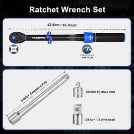 PUIBERS 5PCS Torque Wrench Set 3/8" Drive 5-50 FT.LB, Dual-Direction 72-Tooth Adjustable Torque Wrenches with 6" Extension Bar, 3/8" to 1/2" & 1/4" Adapters for Car, Motorcycle,Bike Maintenance