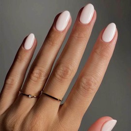 KQueenest Acrylic Press on Nails Short Oval, White False Nails Short Almond, Glossy Solid Color Round Fake Nails Set, Reusable Natural Gel Stick on Nail for Women Finger Daily Wear 24 Pcs