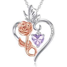 NFYBD Rose Heart Birthstone Necklace Gifts for Women,925 Sterling Silver Flower Love Heart Infinity Butterfly Pendant Necklaces for Mom Wife Her Anniversary Christmas Mothers Day-6