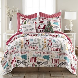 Levtex Home Merry & Bright Collecion - Santa Claus Lane Quilt Set - Full/Queen Holiday Quilt 88x92 + Two Standard Pillow Shams 20x26 - Christmas Script - Red Teal Yellow Green Black White - Reversible