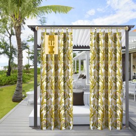 Comlax Outdoor Curtains - Waterproof Tropical Leaves Outdoor Curtain Balcony Patio Curtains UV Protection and Windproof Curtain Balcony Privacy Curtains 1 Piece Gold 132 x 215 cm