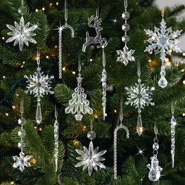 Crystal Christmas Tree Ornaments Snowflakes Decorations, 18Pcs Clear Acrylic Snowflake Hanging Ornaments for Tree with Icicle Drop Reindeer for Xmas Tree Winter Holiday Wedding Home Party Decor