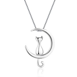 WUNZILO 1 x Moon Cat Necklace Chain Women's Silver 3D Cute Pendant Friendship Cat Lovers Girls Gift Box for Christmas Anniversary Birthday Valentine's Day